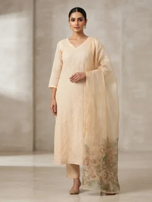 Women's Printed Three-Piece Kurta Set with Dupatta - Plain Beige