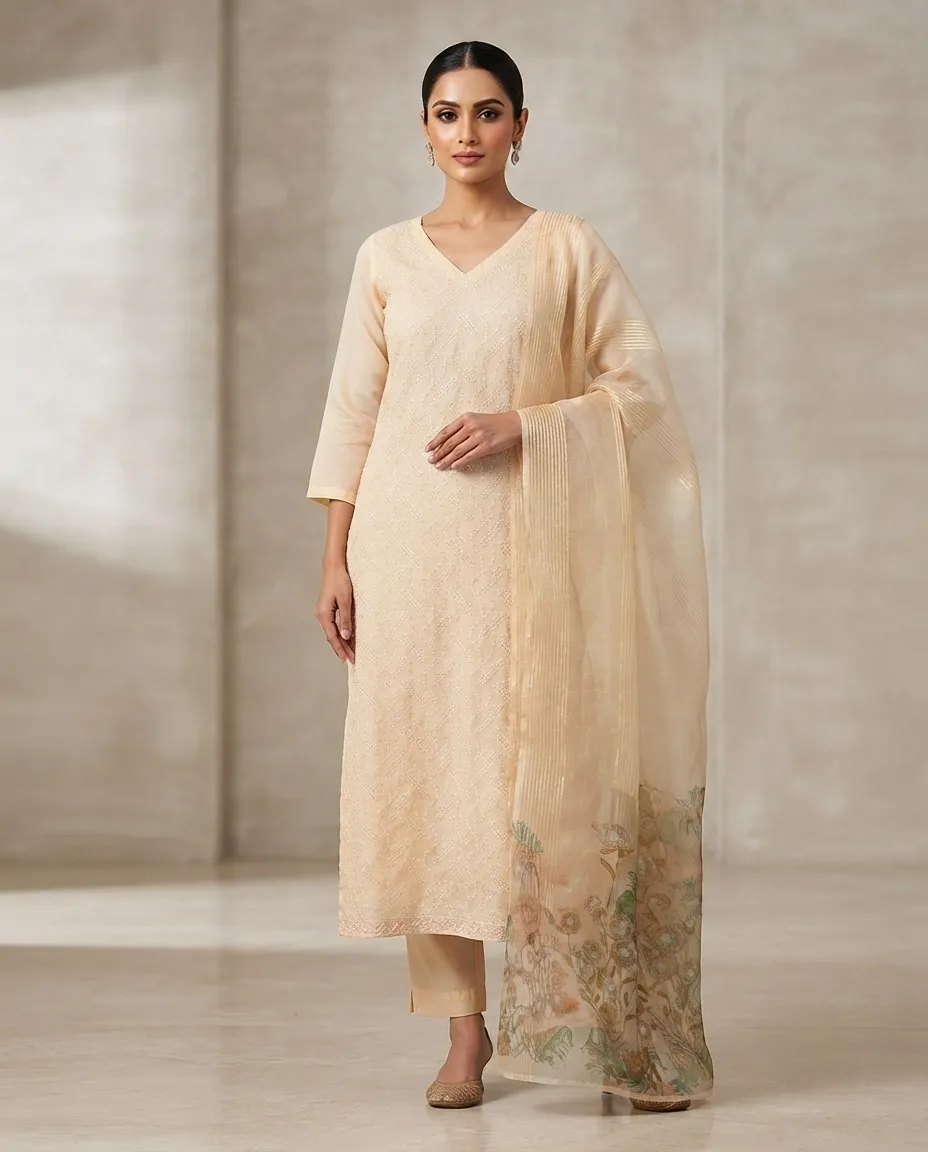 Women's Printed Three-Piece Kurta Set with Dupatta - Plain Beige