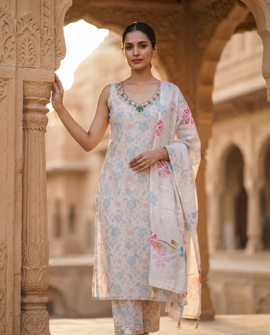 Women's Printed Three-Piece Kurta Set with Dupatta - White - Image 3