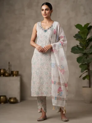 Women's Printed Three-Piece Kurta Set with Dupatta - White