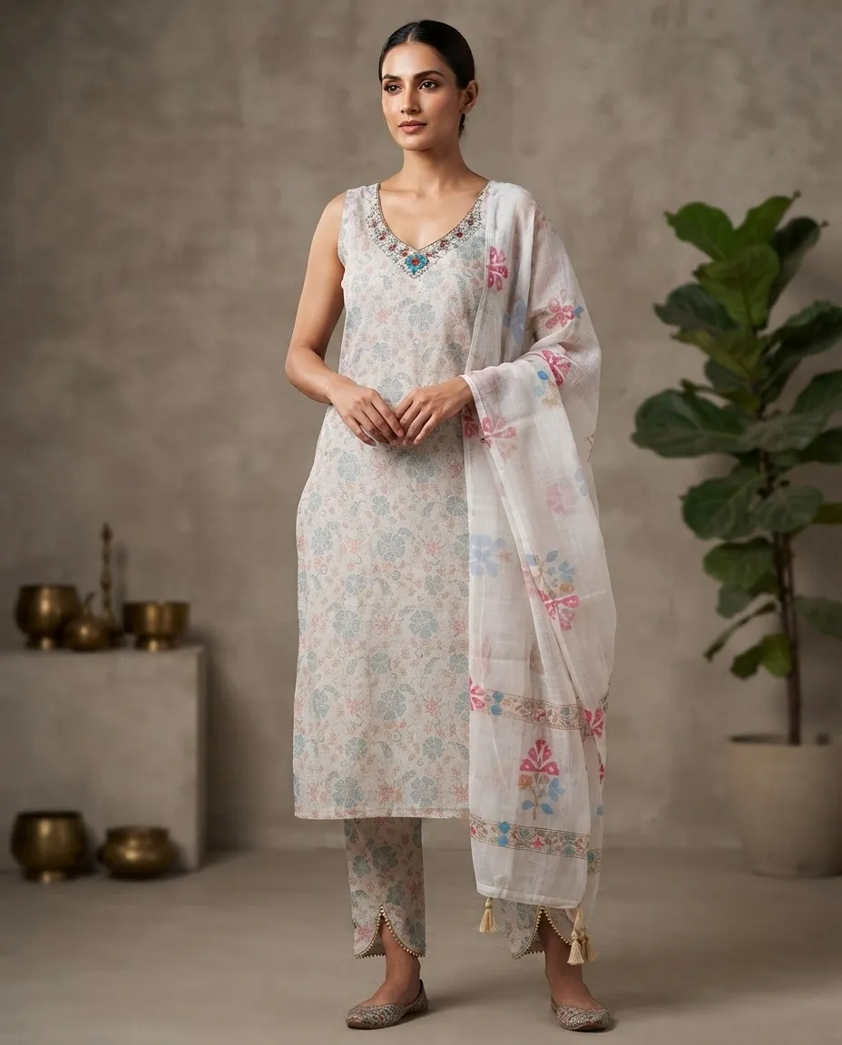 Women's Printed Three-Piece Kurta Set with Dupatta - White