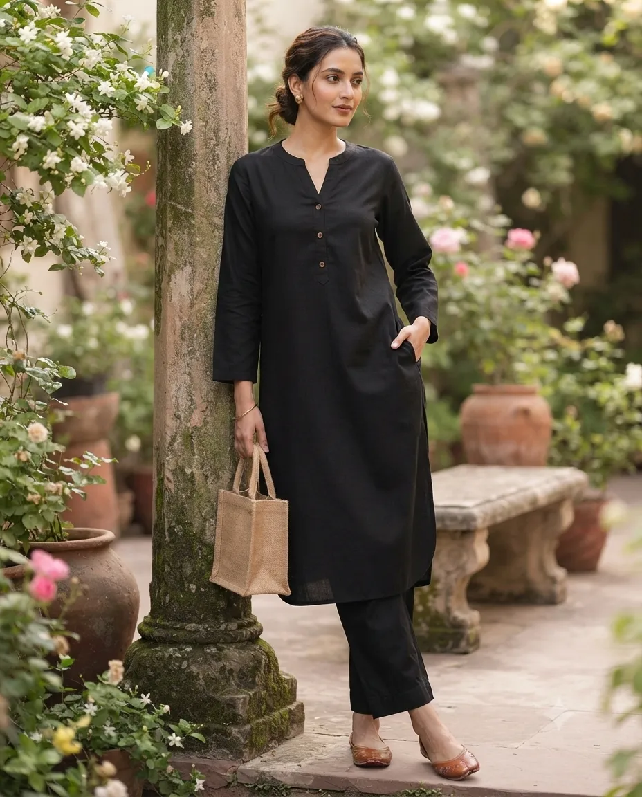 Women's Printed Comfortable Kurti and Bottom Set for Everyday Wear - Black - Image 2