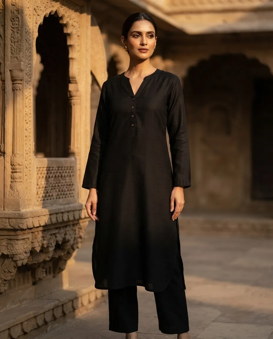 Women's Printed Comfortable Kurti and Bottom Set for Everyday Wear - Black - Image 3