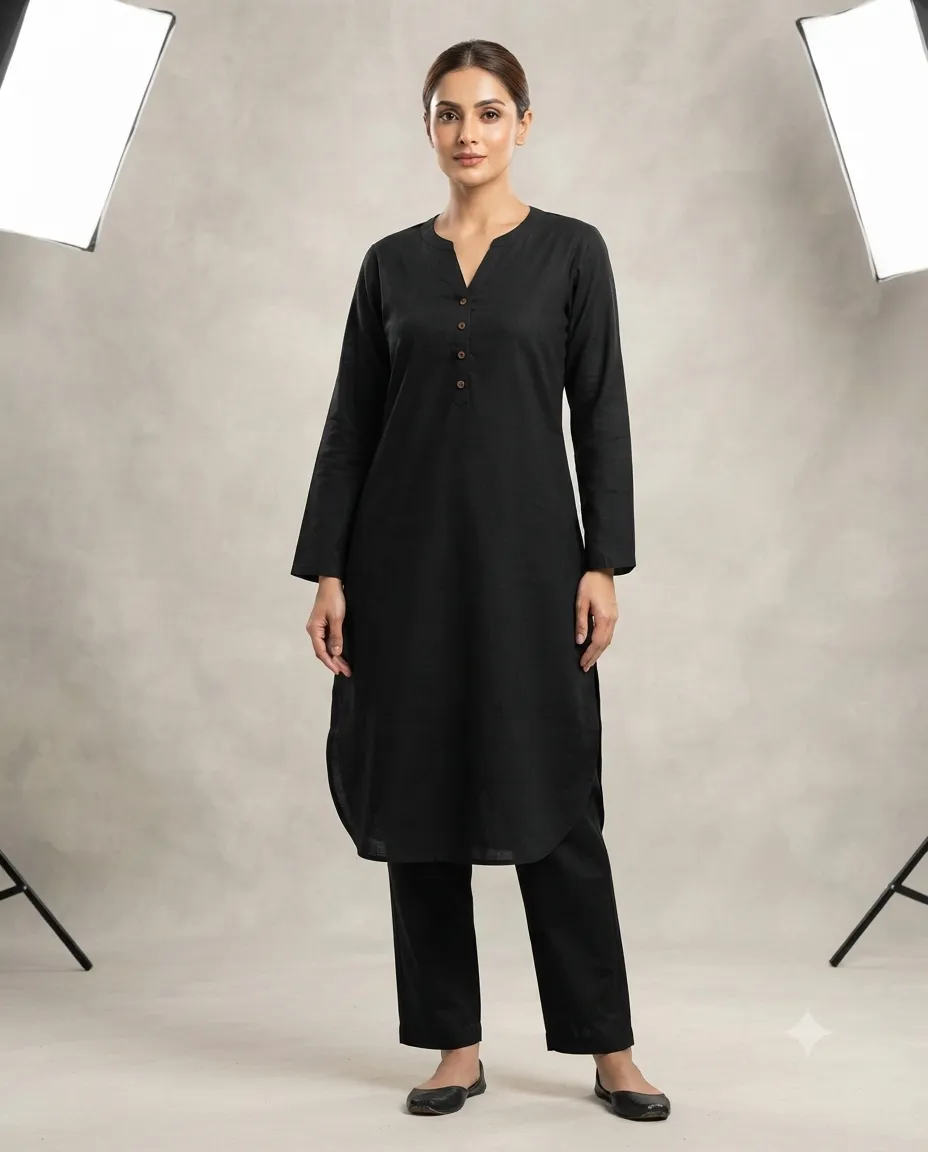 Women's Printed Comfortable Kurti and Bottom Set for Everyday Wear - Black
