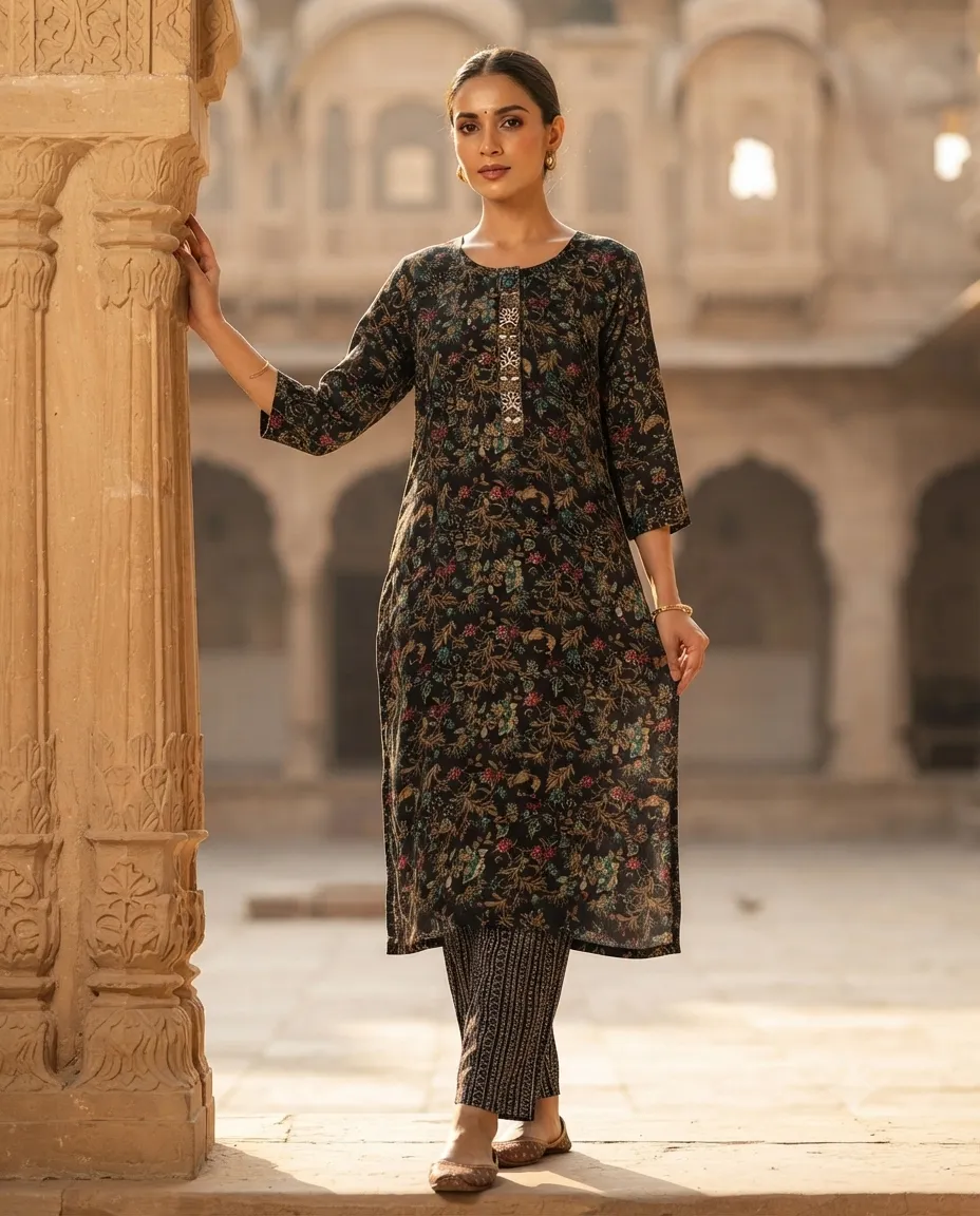 Women's Printed Comfortable Kurti and Bottom Set for Everyday Wear - Multicolor Floral Print - Image 2