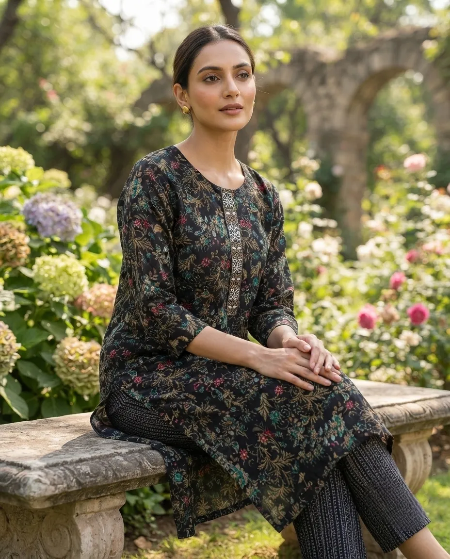 Women's Printed Comfortable Kurti and Bottom Set for Everyday Wear - Multicolor Floral Print - Image 3