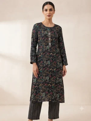 Women's Printed Comfortable Kurti and Bottom Set for Everyday Wear - Multicolor Floral Print