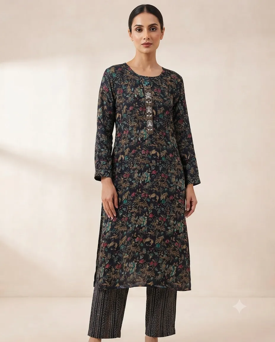 Women's Printed Comfortable Kurti and Bottom Set for Everyday Wear - Multicolor Floral Print