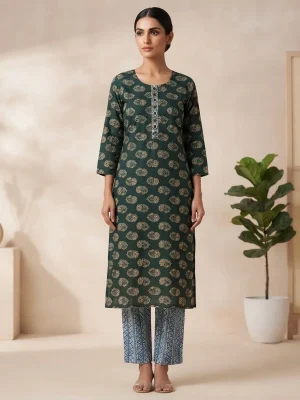 Women's Printed Comfortable Kurti and Bottom Set for Everyday Wear - Dark Green with Rangoli Print