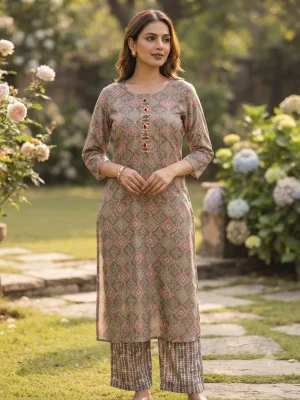 Women's Printed Comfortable Kurti and Bottom Set for Everyday Wear - Diamond Print