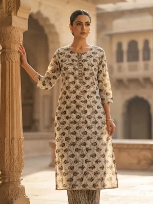 Women's Printed Comfortable Kurti and Bottom Set for Everyday Wear - White Floral Print