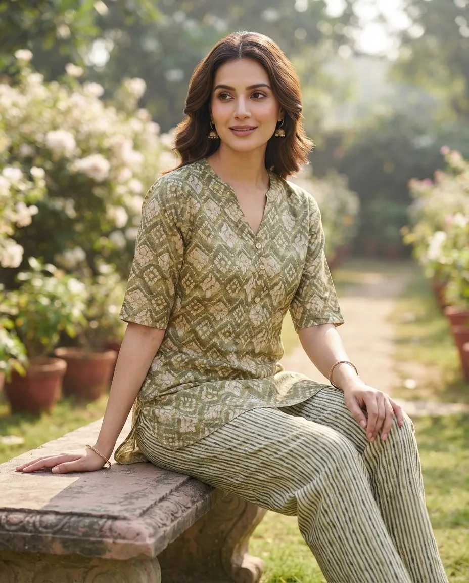 Women's Printed Comfortable Kurti and Bottom Set for Everyday Wear - Olive Green Diamond Print - Image 2