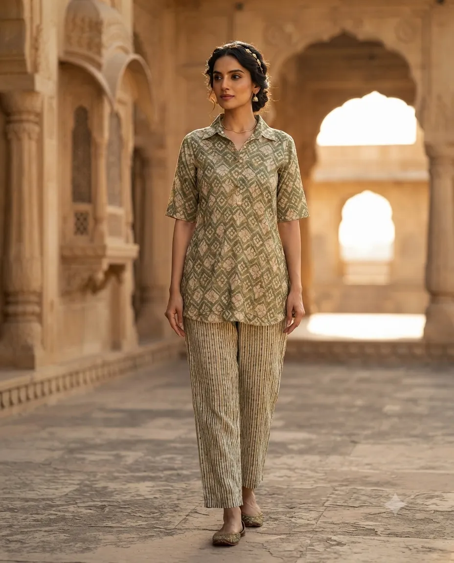 Women's Printed Comfortable Kurti and Bottom Set for Everyday Wear - Olive Green Diamond Print - Image 3