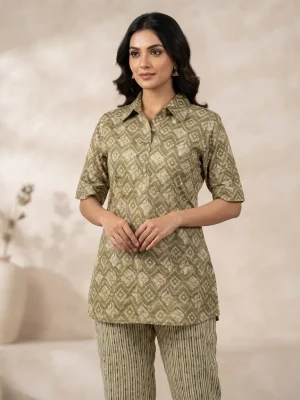 Women's Printed Comfortable Kurti and Bottom Set for Everyday Wear - Olive Green Diamond Print