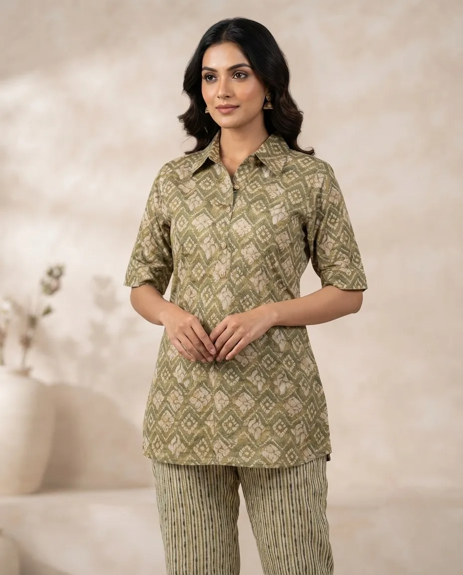 Women's Printed Comfortable Kurti and Bottom Set for Everyday Wear - Olive Green Diamond Print