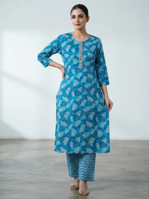 Women's Printed Comfortable Kurti and Bottom Set for Everyday Wear - Ocean Blue with Branches