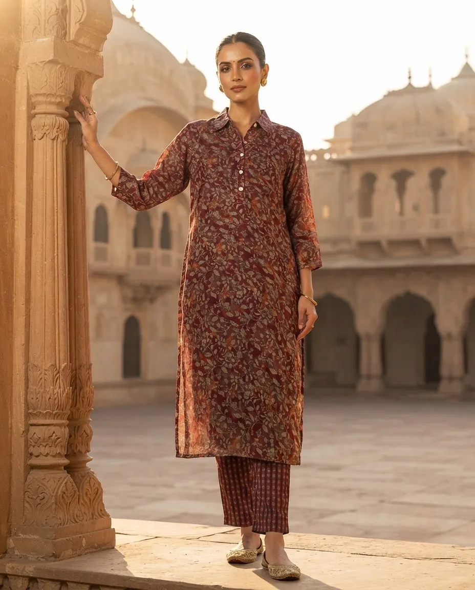 Women's Printed Comfortable Kurti and Bottom Set for Everyday Wear - Rustic Brown Shade - Image 2
