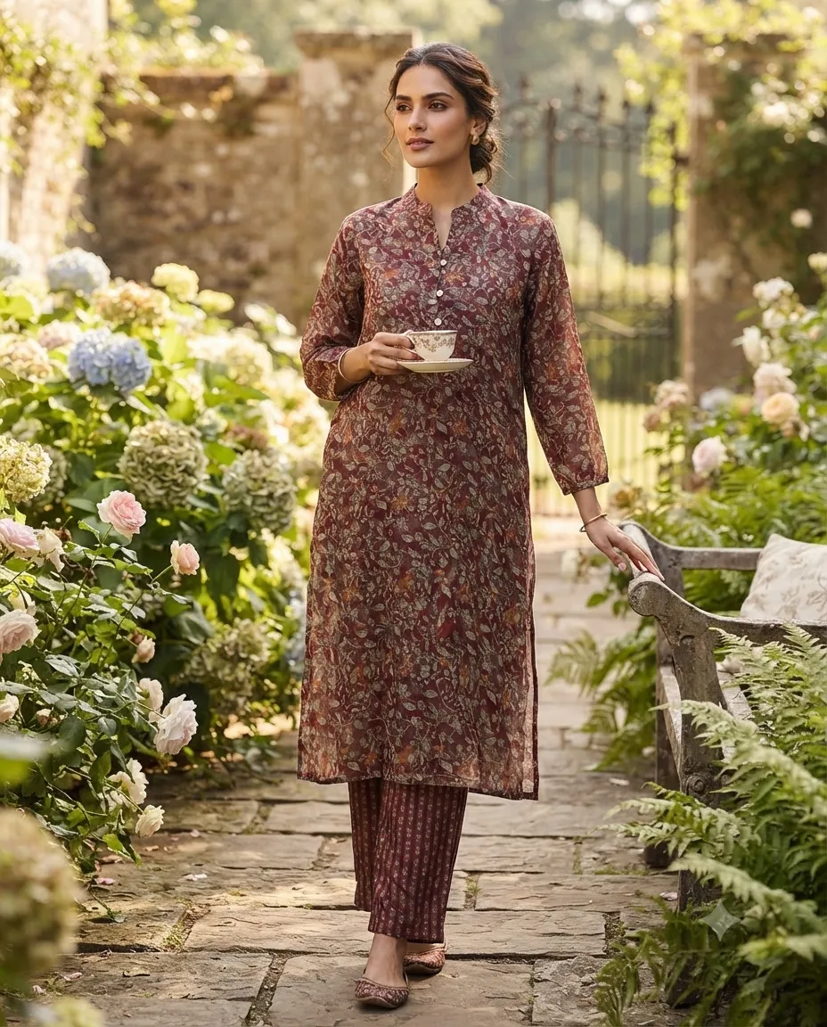 Women's Printed Comfortable Kurti and Bottom Set for Everyday Wear - Rustic Brown Shade - Image 3