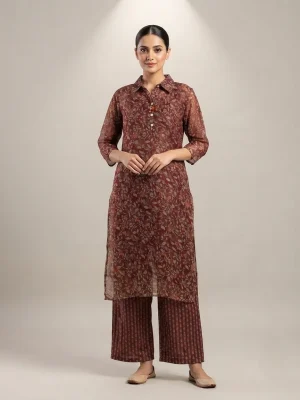 Women's Printed Comfortable Kurti and Bottom Set for Everyday Wear - Rustic Brown Shade