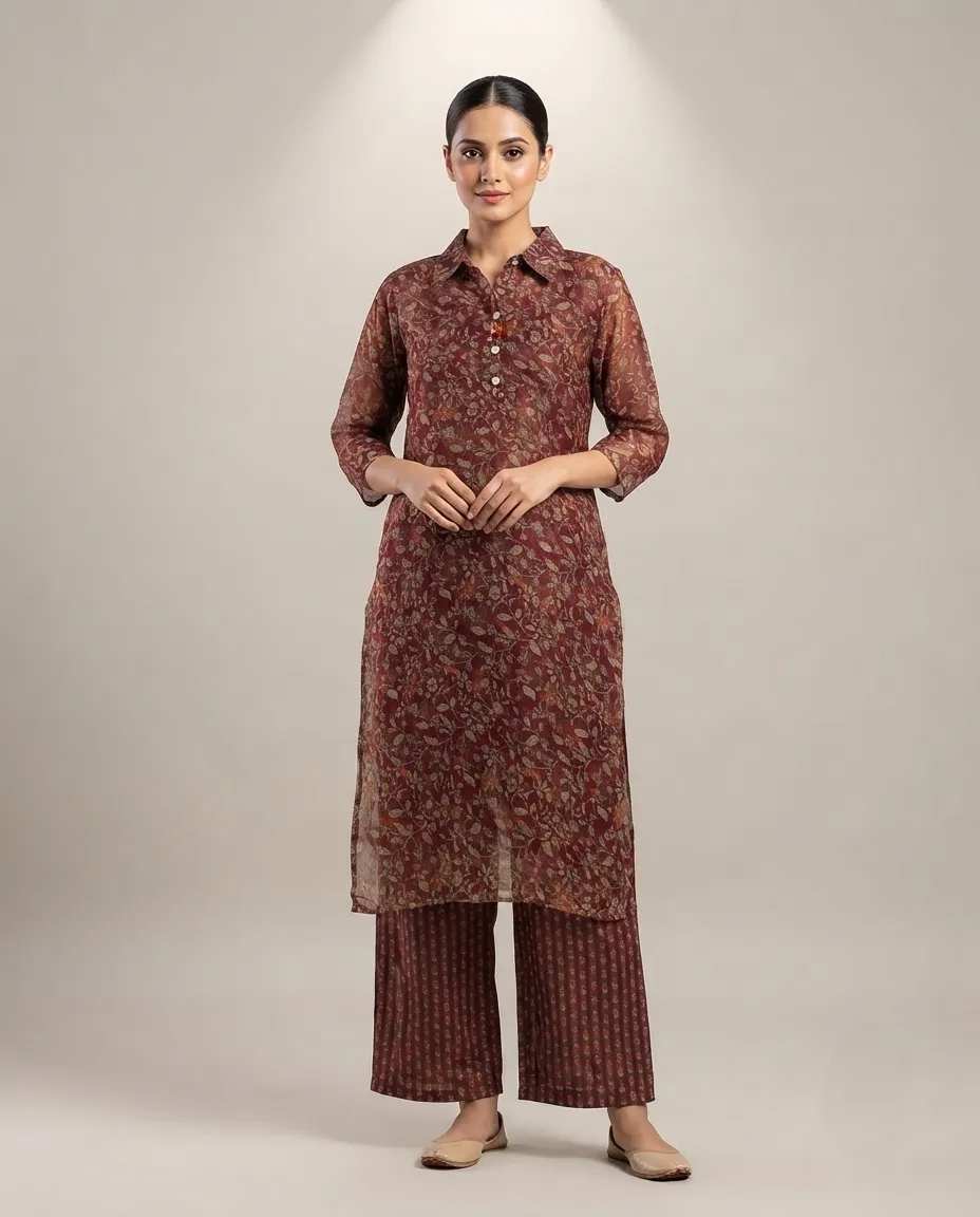 Women's Printed Comfortable Kurti and Bottom Set for Everyday Wear - Rustic Brown Shade