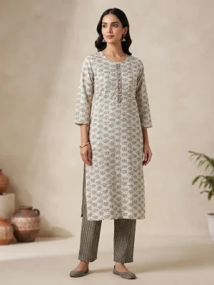 Women's Printed Comfortable Kurti and Bottom Set for Everyday Wear - White Plants Print