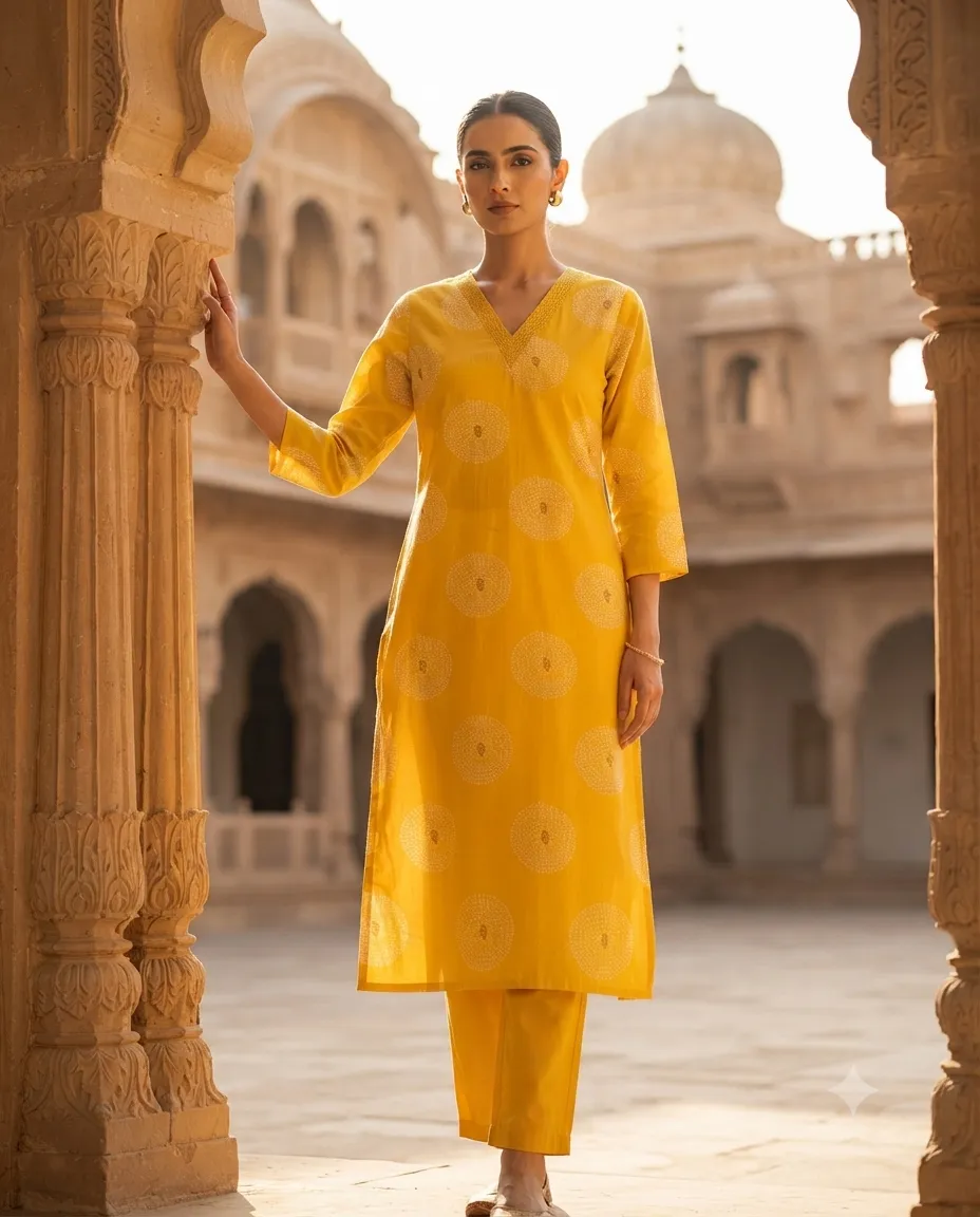 Women's Printed Comfortable Kurti and Bottom Set for Everyday Wear - Yellow Rounded Design - Image 2