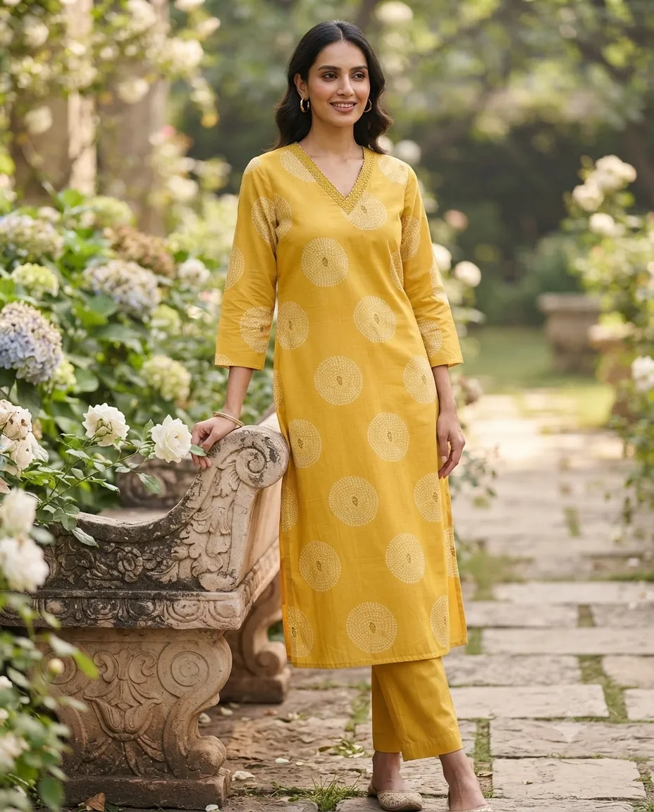 Women's Printed Comfortable Kurti and Bottom Set for Everyday Wear - Yellow Rounded Design - Image 3