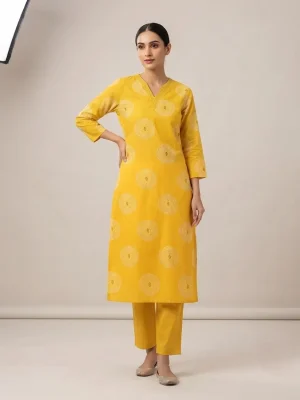 Women's Printed Comfortable Kurti and Bottom Set for Everyday Wear - Yellow Rounded Design