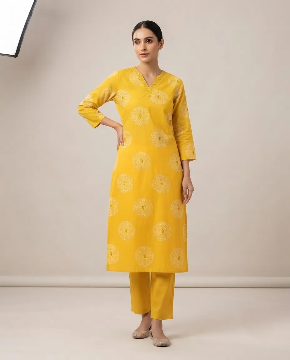 Women's Printed Comfortable Kurti and Bottom Set for Everyday Wear - Yellow Rounded Design