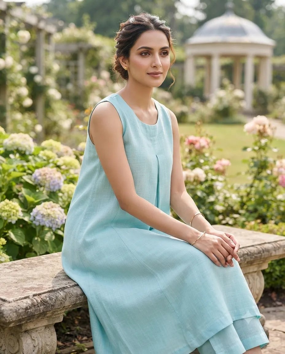 Women's Printed Comfortable Kurti and Bottom Set for Everyday Wear - Plain Sky Blue - Image 3