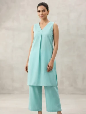 Women's Printed Comfortable Kurti and Bottom Set for Everyday Wear - Plain Sky Blue