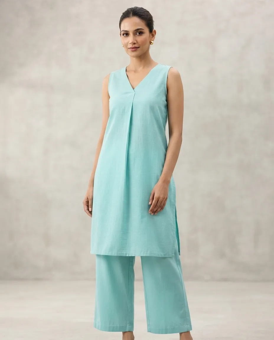 Women's Printed Comfortable Kurti and Bottom Set for Everyday Wear - Plain Sky Blue