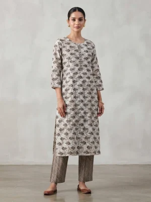 Women's Printed Comfortable Kurti and Bottom Set for Everyday Wear - Off White Floral Print