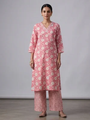 Women's Printed Comfortable Kurti and Bottom Set for Everyday Wear - Neutral Pink with Flowers