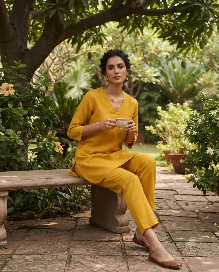 Women's Printed Comfortable Kurti and Bottom Set for Everyday Wear - Plain Yellow - Image 2