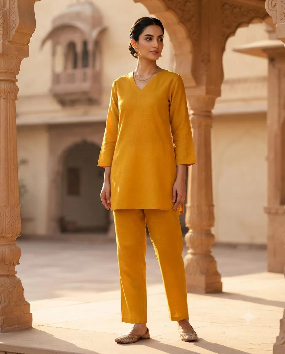 Women's Printed Comfortable Kurti and Bottom Set for Everyday Wear - Plain Yellow - Image 3