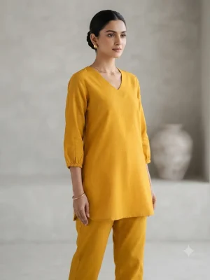 Women's Printed Comfortable Kurti and Bottom Set for Everyday Wear - Plain Yellow