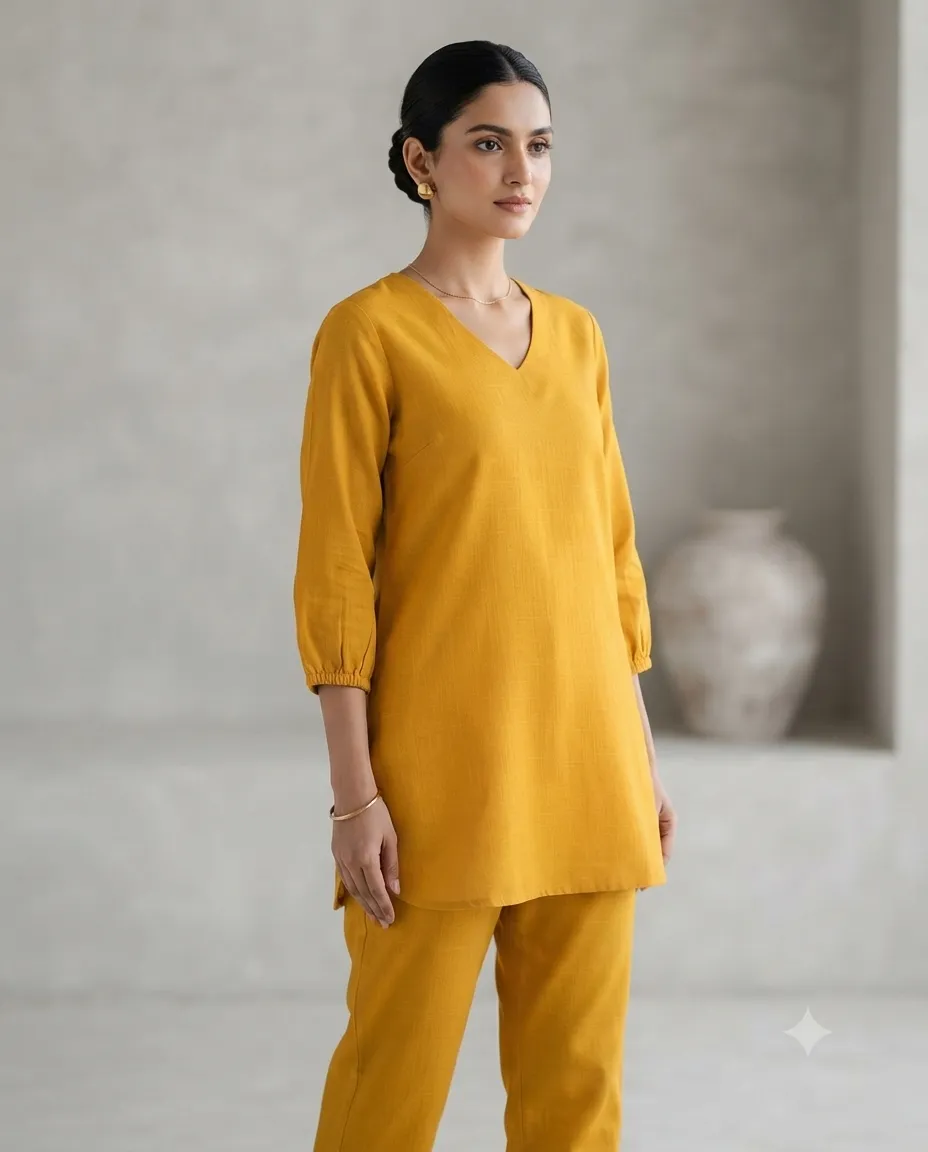 Women's Printed Comfortable Kurti and Bottom Set for Everyday Wear - Plain Yellow