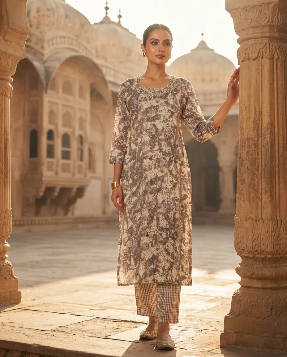 Women's Printed Comfortable Kurti and Bottom Set for Everyday Wear - Brown Shade with Leaf Pattern - Image 2