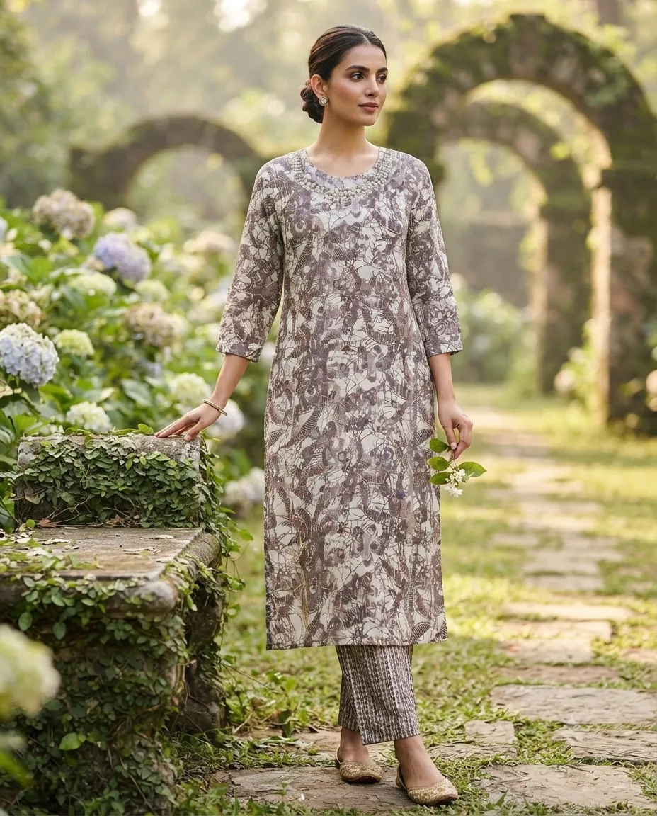 Women's Printed Comfortable Kurti and Bottom Set for Everyday Wear - Brown Shade with Leaf Pattern - Image 3