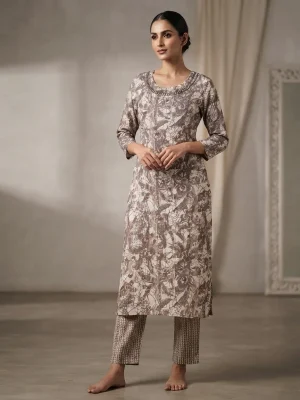 Women's Printed Comfortable Kurti and Bottom Set for Everyday Wear - Brown Shade with Leaf Pattern