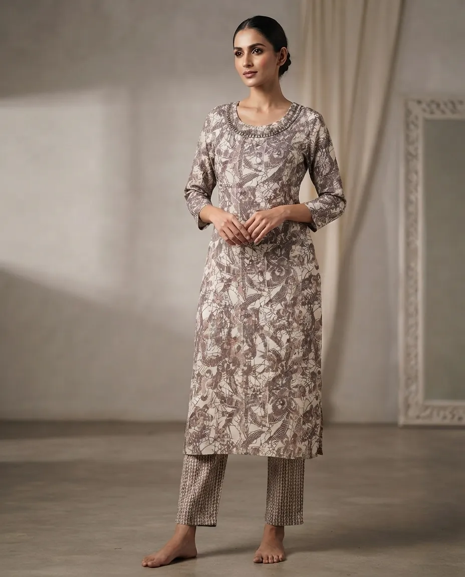 Women's Printed Comfortable Kurti and Bottom Set for Everyday Wear - Brown Shade with Leaf Pattern