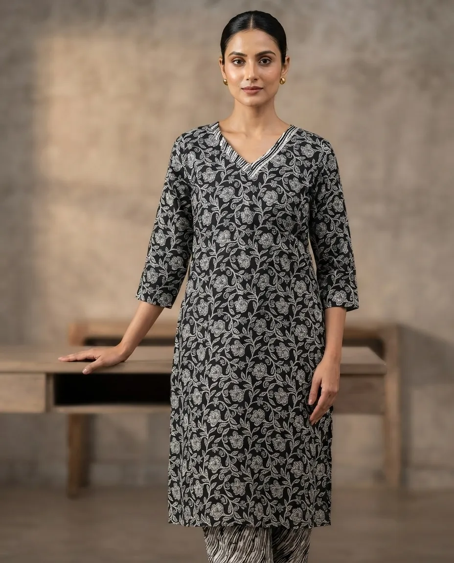 Women's Printed Comfortable Kurti and Bottom Set for Everyday Wear - Black Floral Print - Image 2