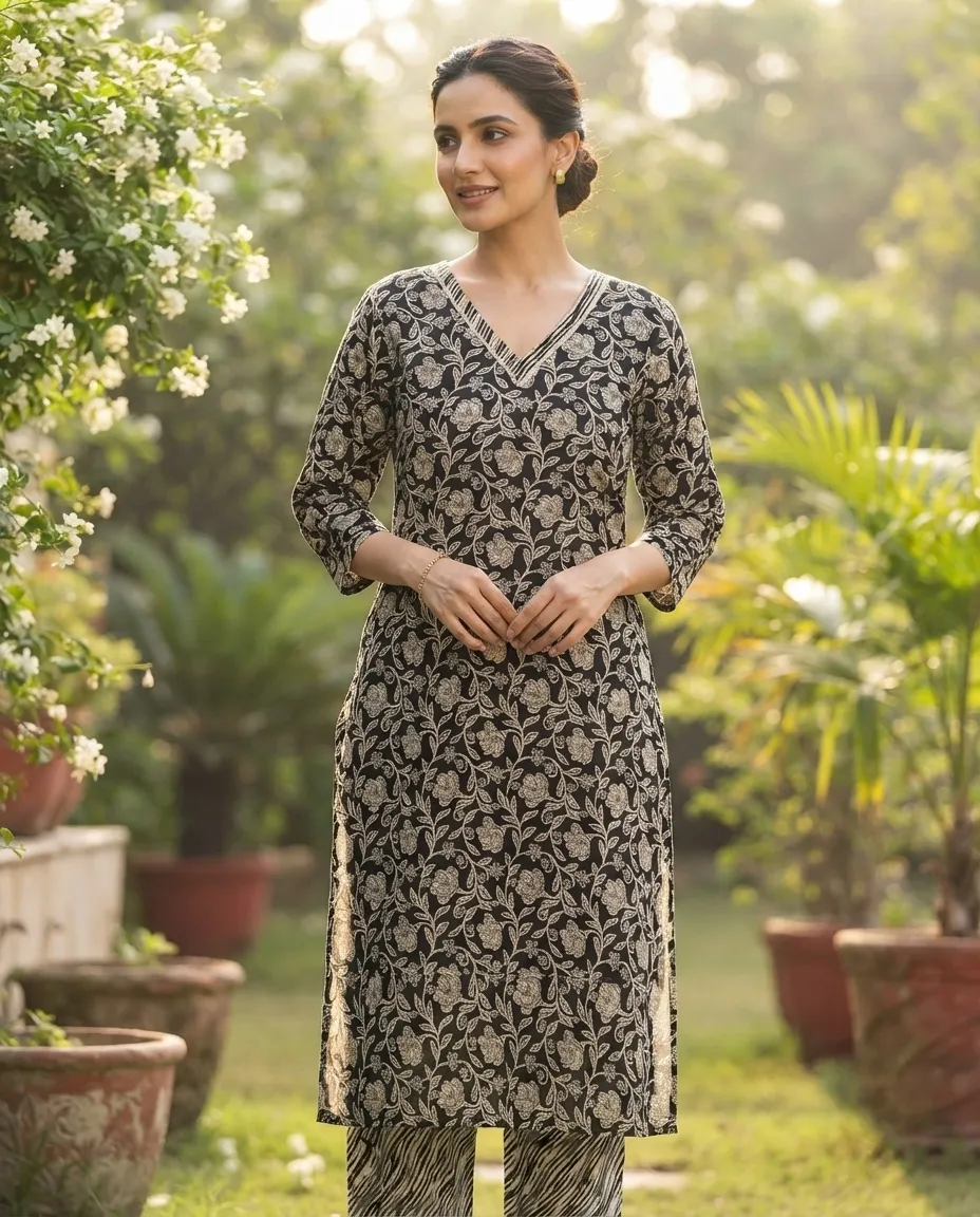 Women's Printed Comfortable Kurti and Bottom Set for Everyday Wear - Black Floral Print - Image 3