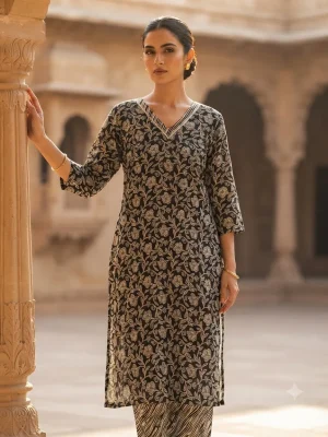 Women's Printed Comfortable Kurti and Bottom Set for Everyday Wear - Black Floral Print