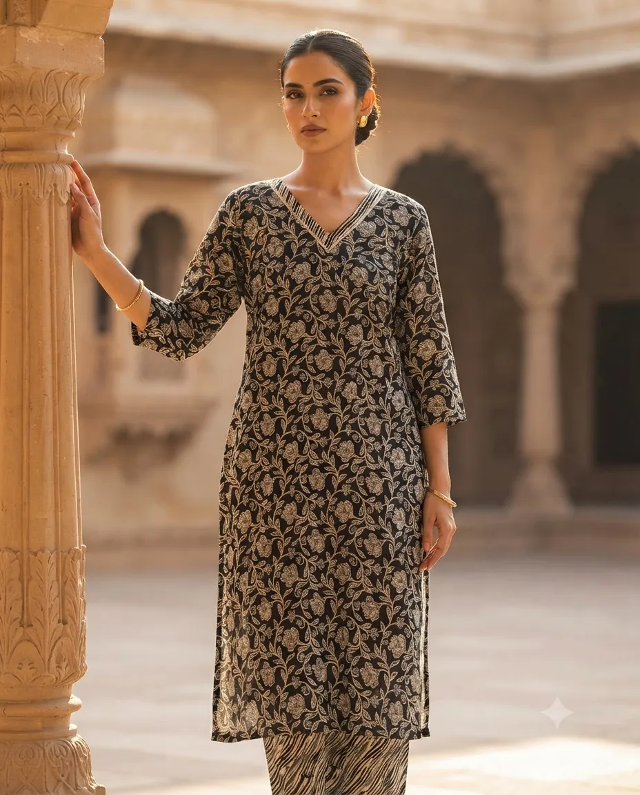 Women's Printed Comfortable Kurti and Bottom Set for Everyday Wear - Black Floral Print