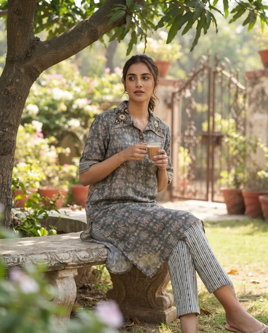 Women's Printed Comfortable Kurti and Bottom Set for Everyday Wear - Gray Rangoli Design - Image 2