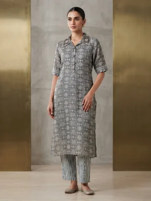 Women's Printed Comfortable Kurti and Bottom Set for Everyday Wear - Gray Rangoli Design