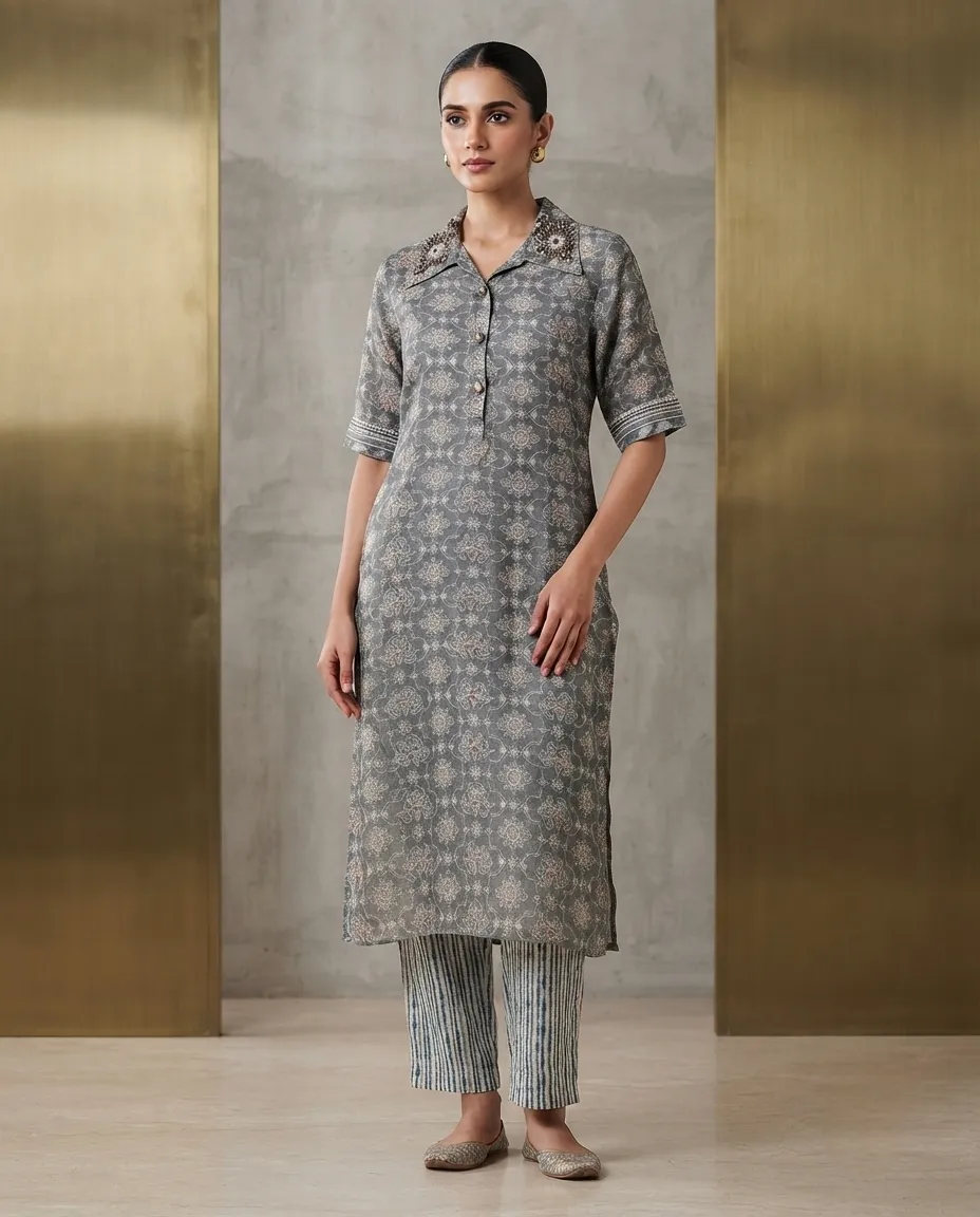 Women's Printed Comfortable Kurti and Bottom Set for Everyday Wear - Gray Rangoli Design