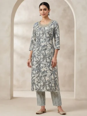 Women's Printed Comfortable Kurti and Bottom Set for Everyday Wear - Gray Leaf Pattern